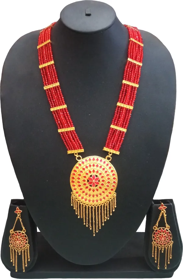 Assamese_Traditional_Gold_Plated_Red_Colour_Japi_Tassel_Jewellery_Set_For_Women_&_Girls